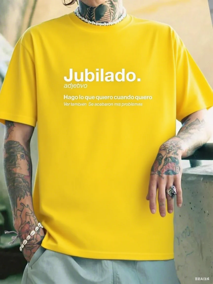 Featuring “Jubilado” Spanish Lifestyle Phrase Pattern Pure Cotton High-end Short-sleeved Summer New Print , Loose and Versatile