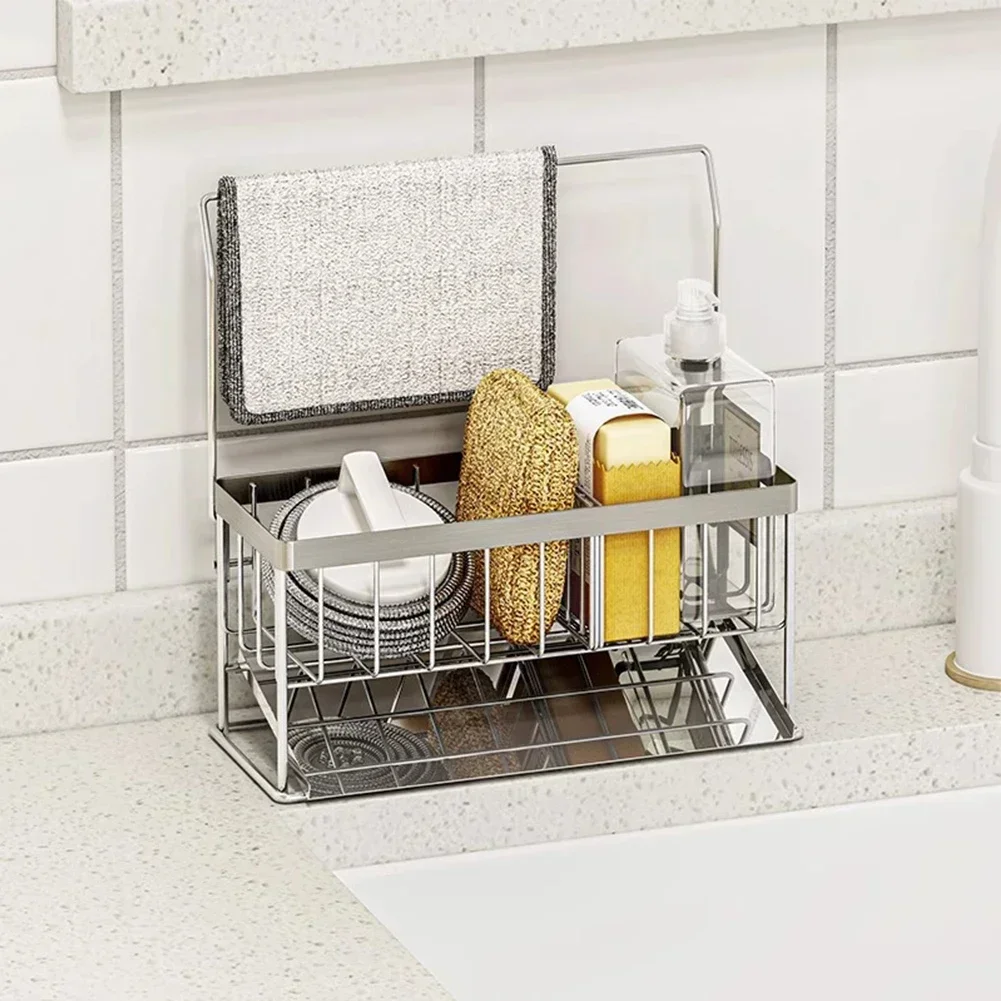 

Kitchen Stainless Steel Sink Drain Rack With Brush Holder Sponge Cleaning Soap Organizer Storage Holder For Kitchen Organizer