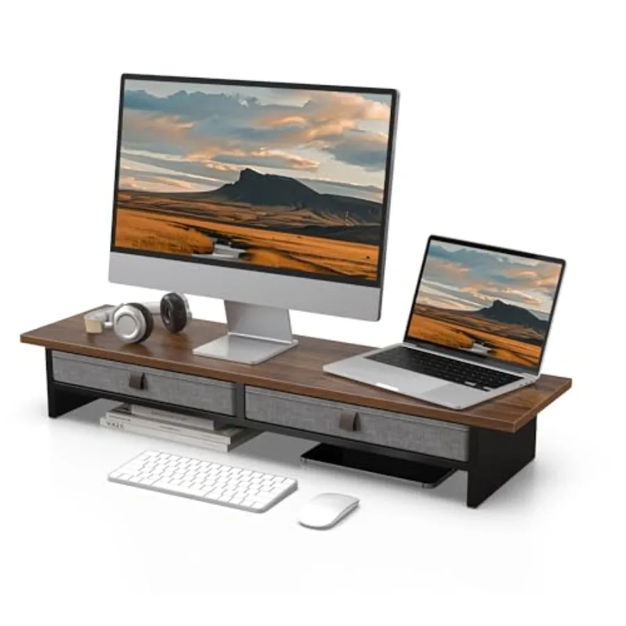

Dual monitor stand with drawer for home and office use aluminum alloy black 35-inch dual-tier riser supporting monitors laptop