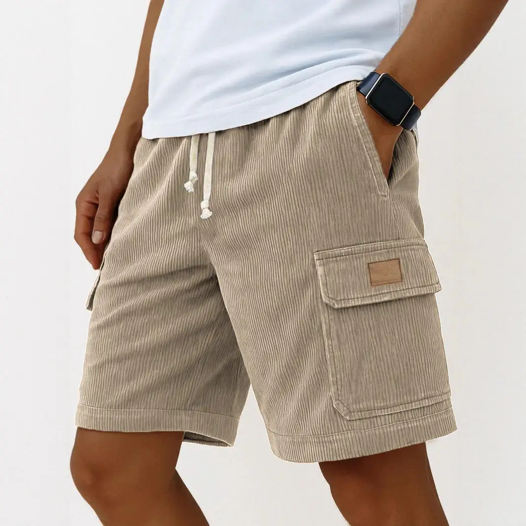 

Мужские шорты на шнурке с боковыми карманами, из полиэфирного волокна, в полоску, универсальные, в британском стиле, летние, модные, повседневные, до колена