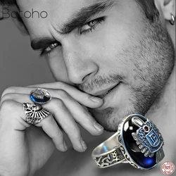S925 Pure Silver Vampire Diaries Damon Rings 2022 Trend Translucent Blue Spinel Wide Version Domineering Wave Of Men's Rings