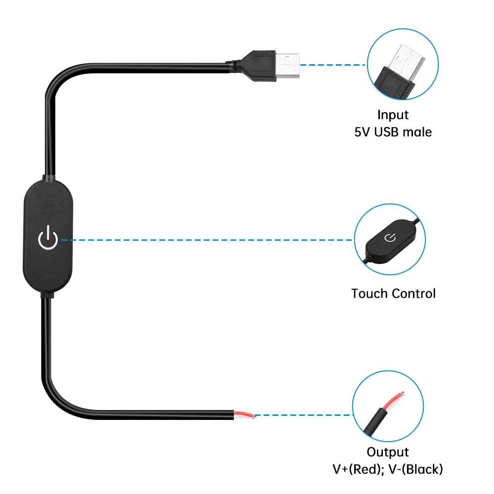 Przedłużacz przełącznika USB 2A 1.5M DC5V/DC12-24V dotykowy przełącznik ściemniania kabel do taśm LED włącznik/wyłącznik zasilania