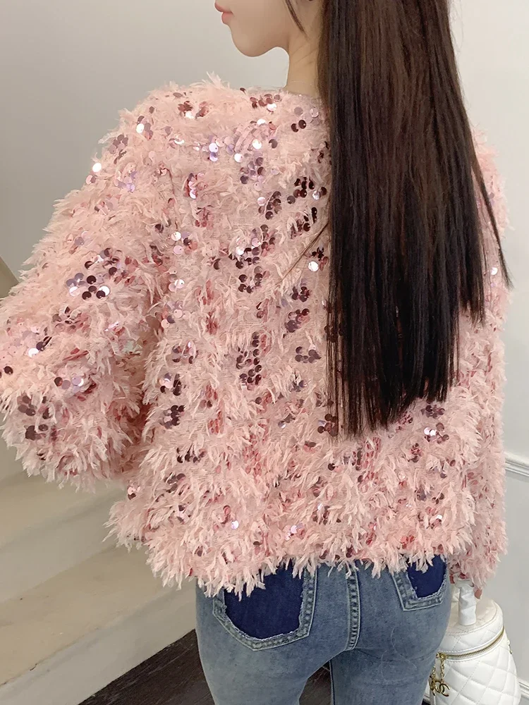 Pink Sequins Jacket Women 2023 Fashion Elegant V Neck Long Sleeve Feathers Coats Autumn Winter New Single Breasted Coat