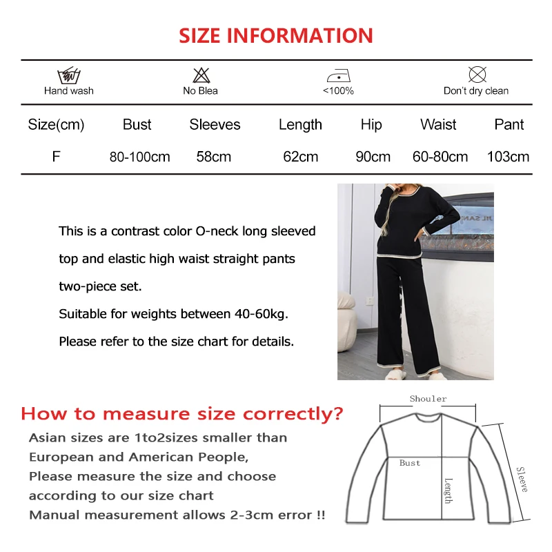 ABRIN Women Knit Sports 2 Piece Set Contrast Color O-Neck Long Sleeve Autumn Pullovers and High Waist Wide Leg Pants Casual Suit