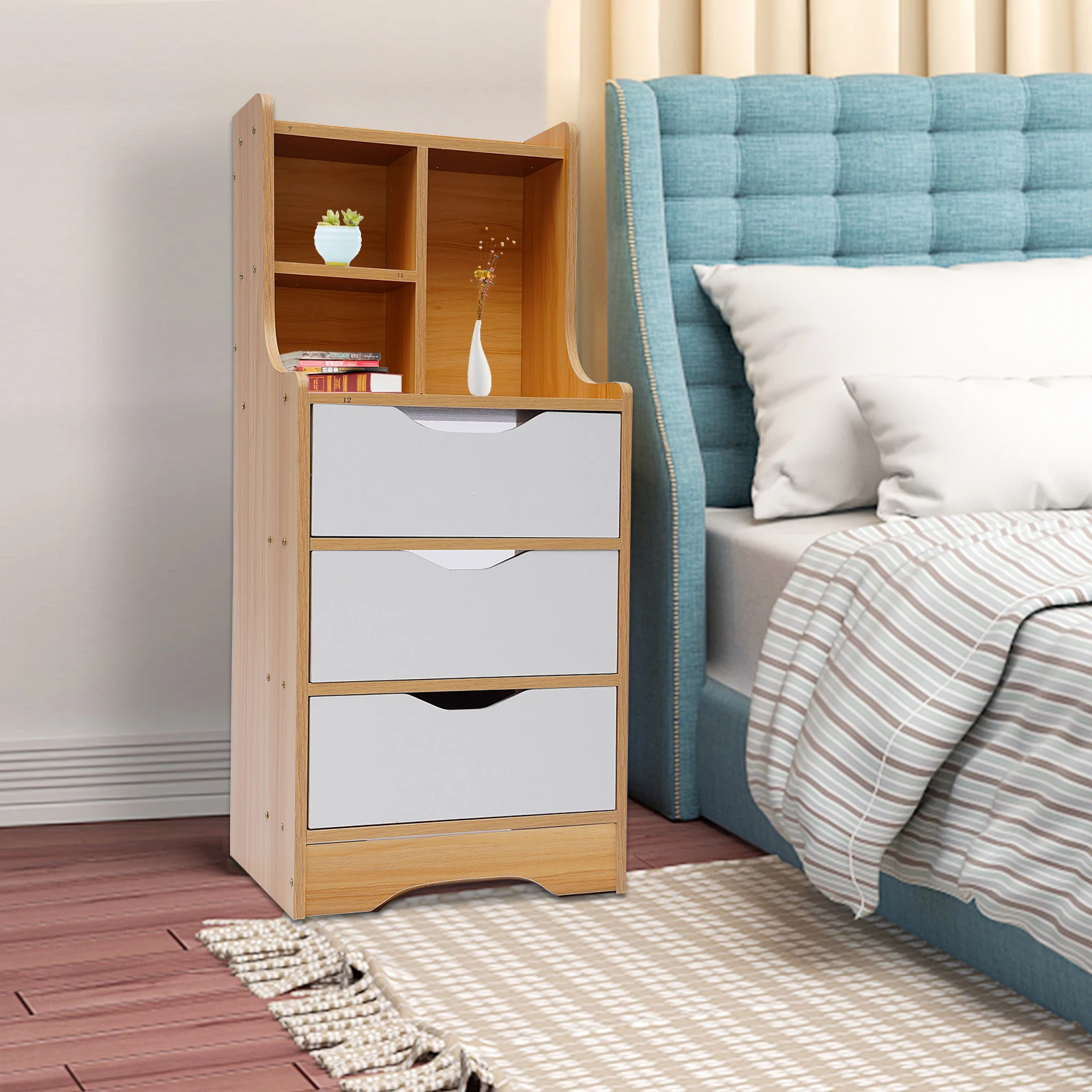 White Nightstand 3 Drawers with Open Storage Cabinet Bedroom Side Stand Cabinet Tall Nightstand Bedside Tables