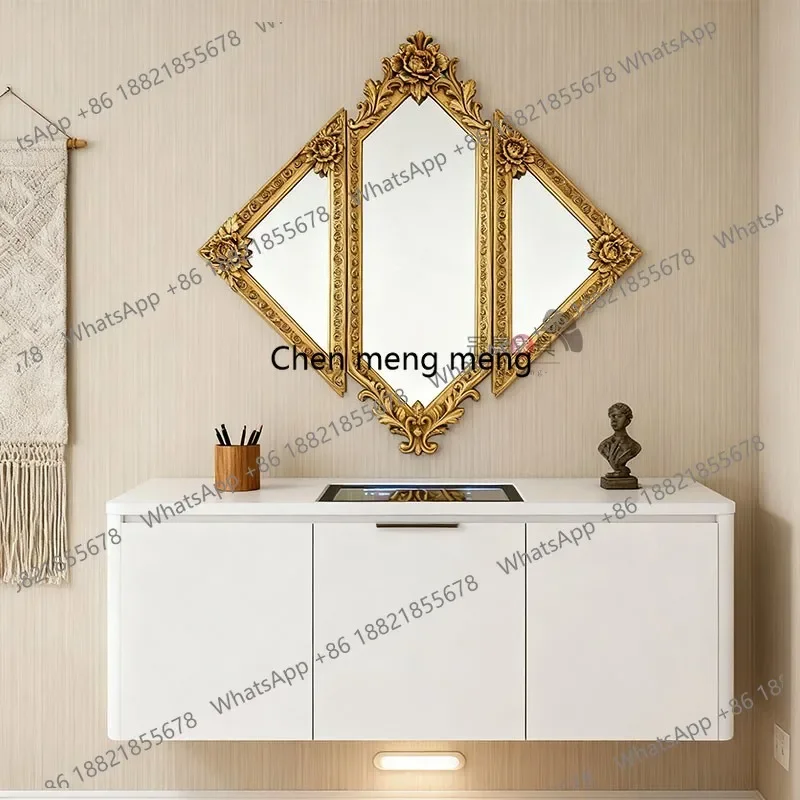 European creative three-sided bathroom mirror wall-mounted bathroom retro carved makeup mirror French