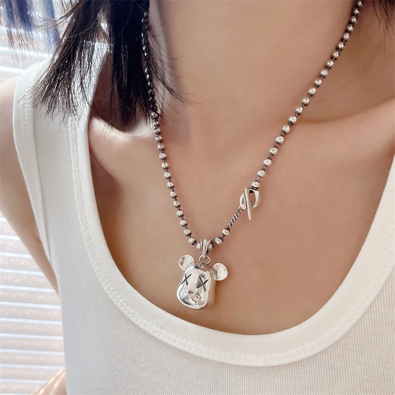 Wedホホトリック925スターリングシルバーメカニカルベアレトロトレンドボールチェーンotボタンネックレス女性用高級ジュエリーパーティーギフト