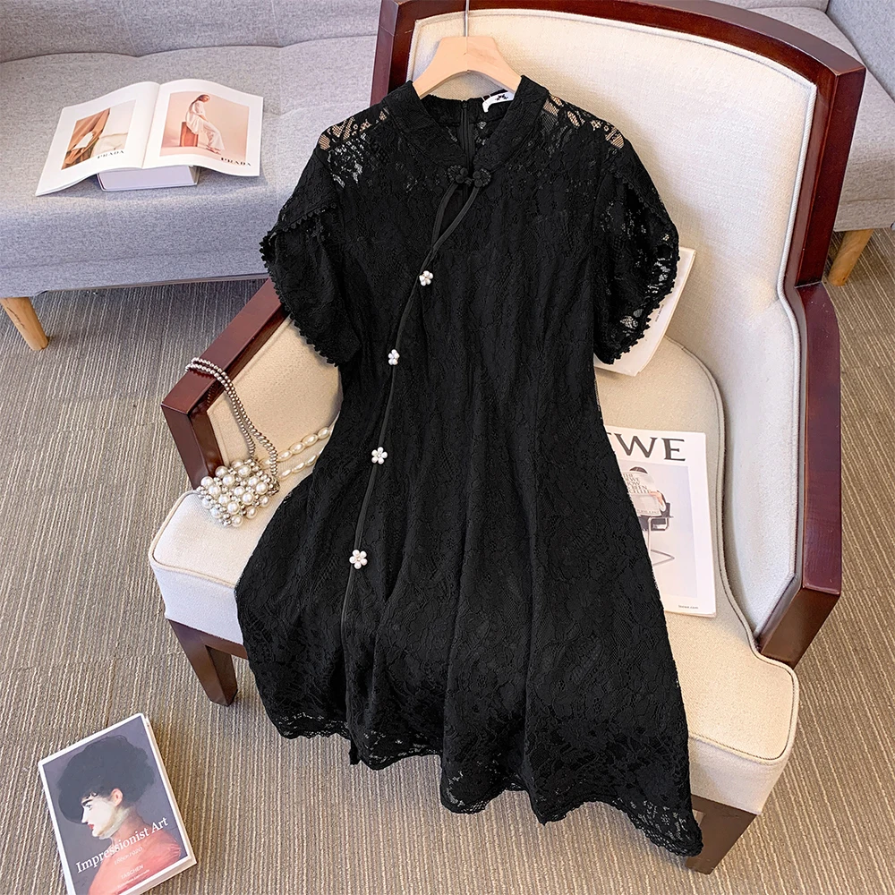 Plus-size women\'s summer leisure commute loose and comfortable chiffon dress Chinese-style black lace tray buckle long dress big