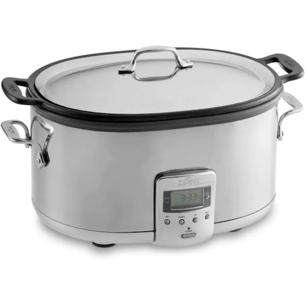 

=l Electric Slow Cooker 7 Quart, Aluminum Insert, Programmable LCD Screen Digital Timer, SD700350, Silver