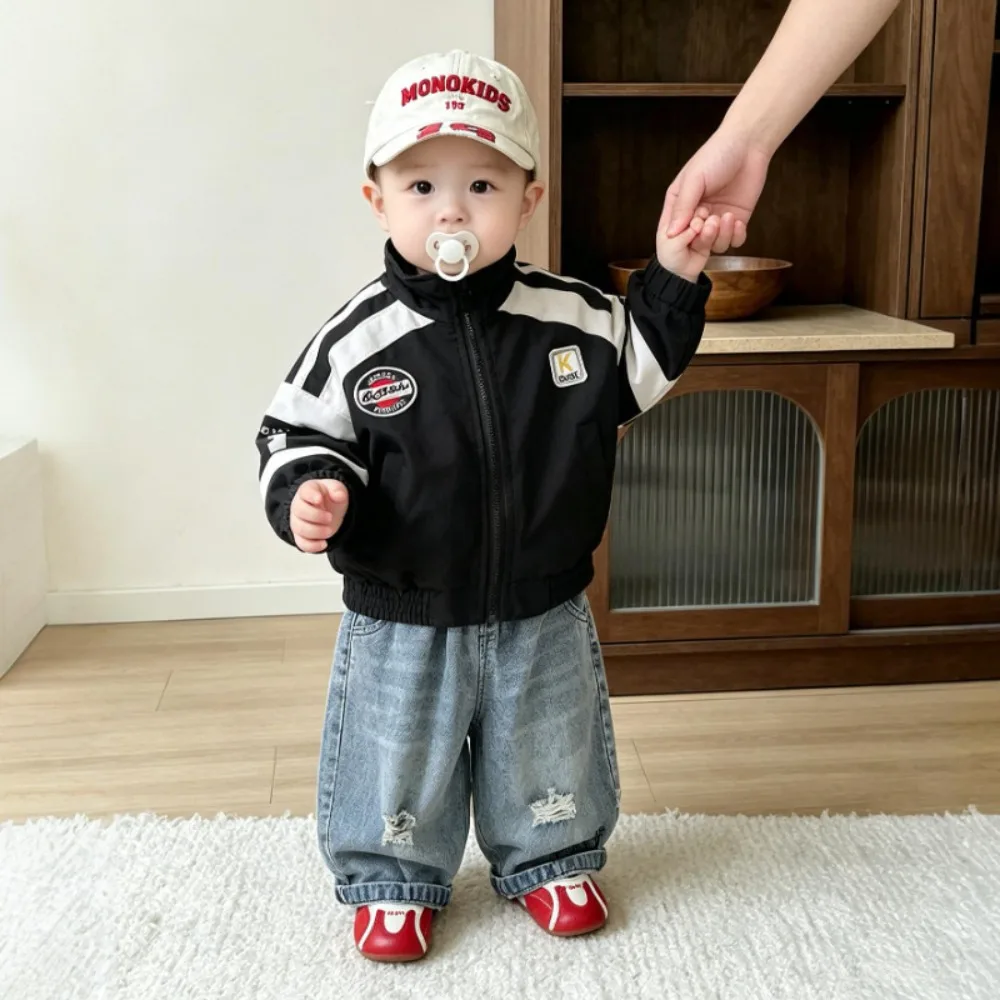 Boys Biker Style Set Spring Autumn Stand Collar Color Block Racing Jacket Ripped Jeans Kids Baby Boy Outfit 73-120cm 4