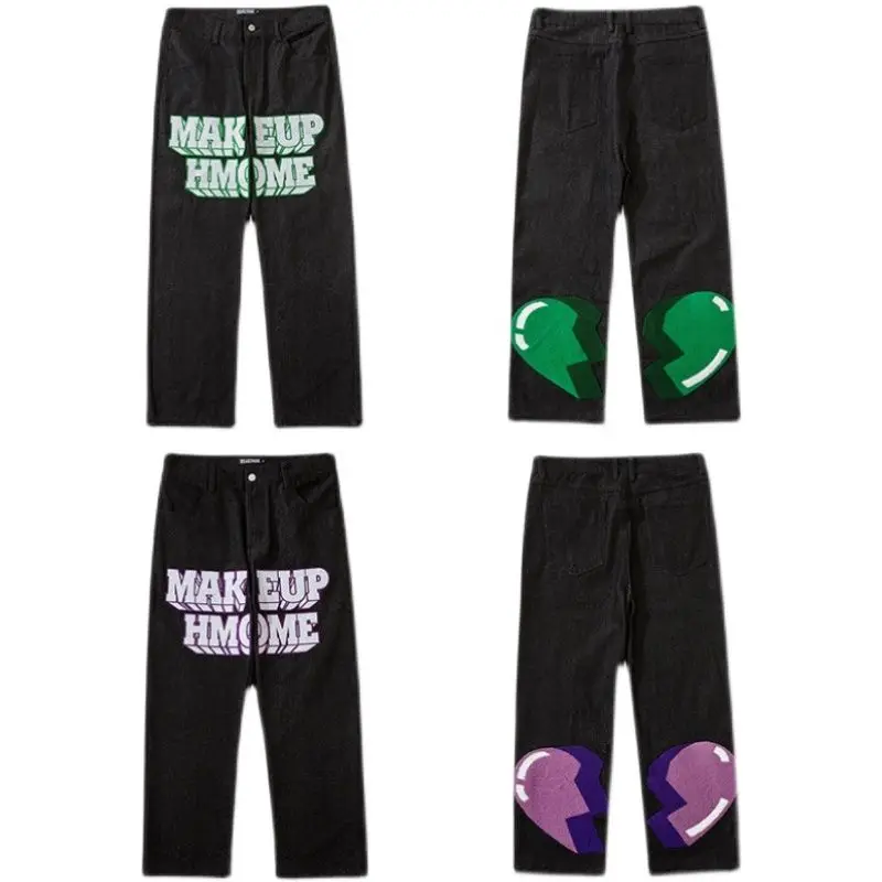 Vintage American Y2K Fashion Print Broken Heart Style Slightly Ragged Casual Hip Hop Straight Leg Jeans Men