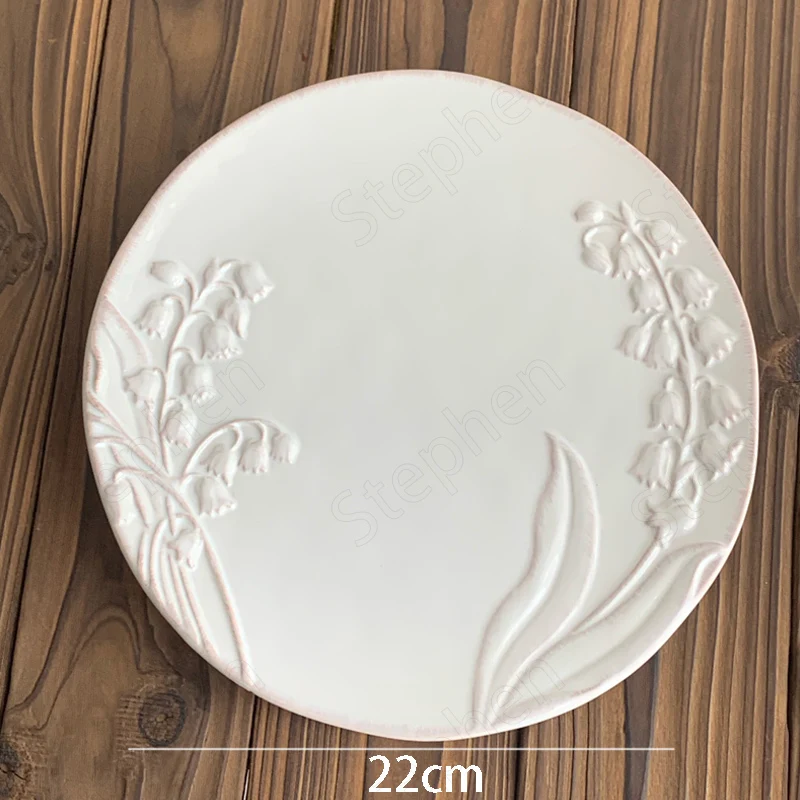 French Embossed Lily of The Valley Dinner Plate European Classical White Cake Dessert Plates Afternoon Tea Bread Dish Tableware