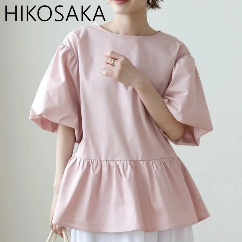 

Japanese Sweet Ruffles Patchwork Loose Blouse Women Lace-up O-neck Lantern Sleeve Shirts Summer Solid All-match Blusas Mujer