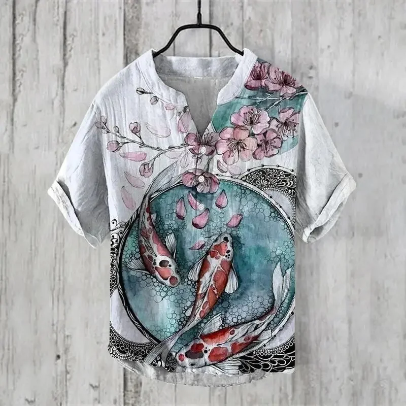 New golden mushroom style V-neck short-sleeved shirt foreign trade fashion casual loose T-shirt shirt bamboo linen shirt top