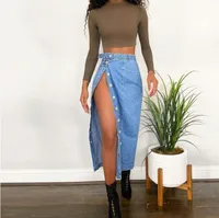 Casual Mid-Length Denim Skirt High Waist A-Line Skirt with Slit for Women Commute Pure Color Long Skirt with Button Detail - Image 3
