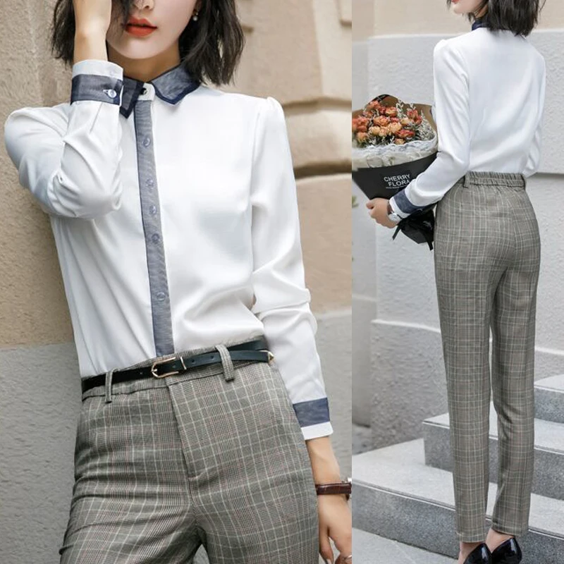 Korean Fashion Simple Office Lady Elegant White Patchwork Button Up Shirt Stand Collar Long Sleeve Slim Blouse Top Female Blusas