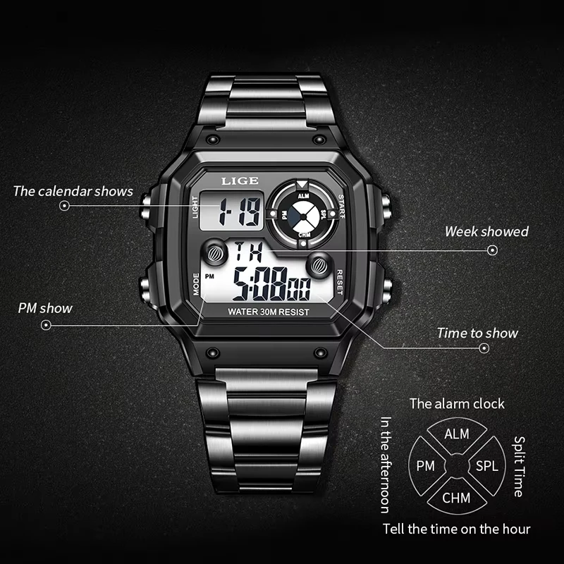 Мужские часы LIGE из нержавеющей стали, водонепроницаемые спортивные часы с календарем, цифровые часы, деловые светящиеся электронные часы с хронографом для мужчин