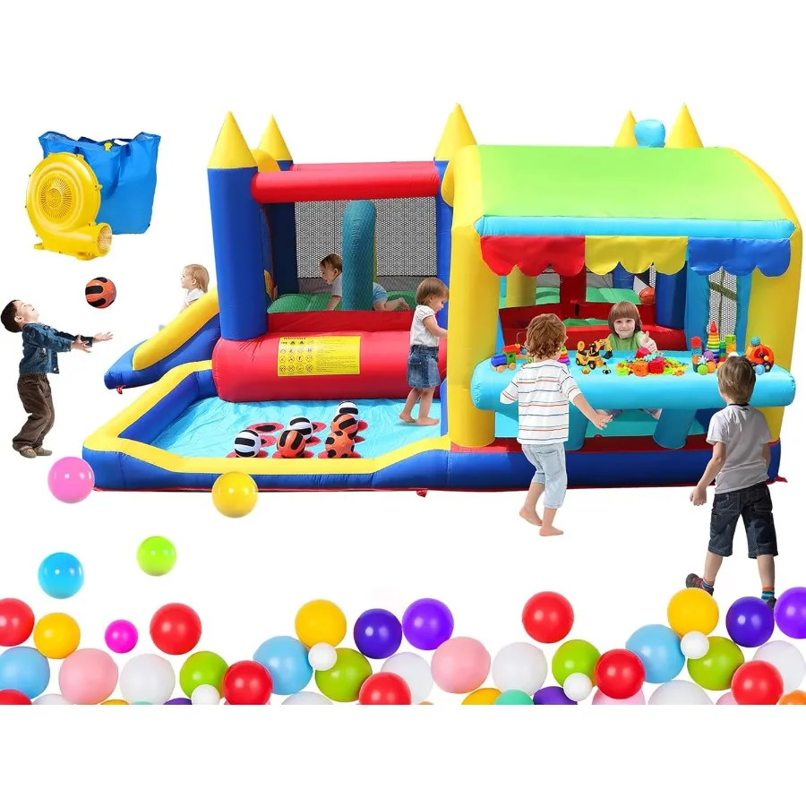 Casa rimbalzante gonfiabile con scivolo 13,42x10,5x6,07FT Castello gonfiabile con ventilatore Supporto per mercato giocattolo TictacToe Area di salto Basketba
