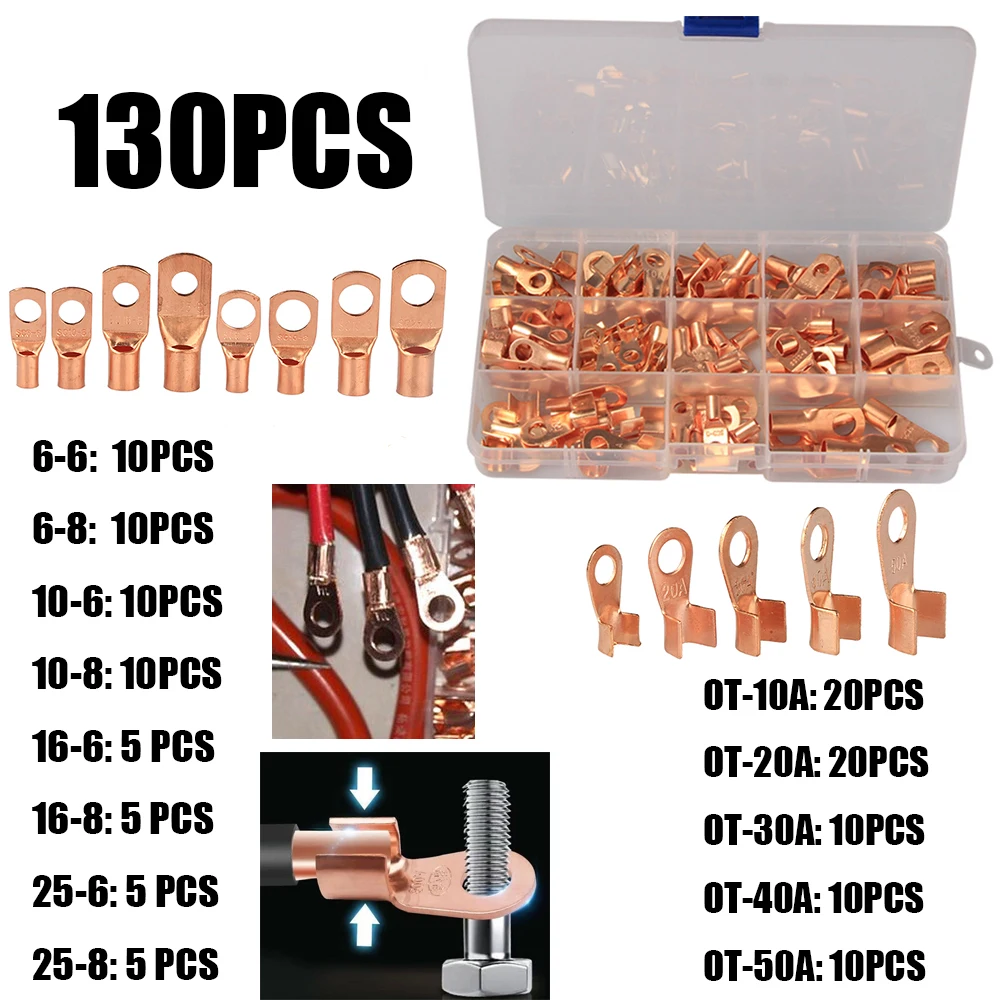 130PCS Mixed SCcopper ring terminal and OT terminal block crimping/soldering connector combination set copper nose copper termin