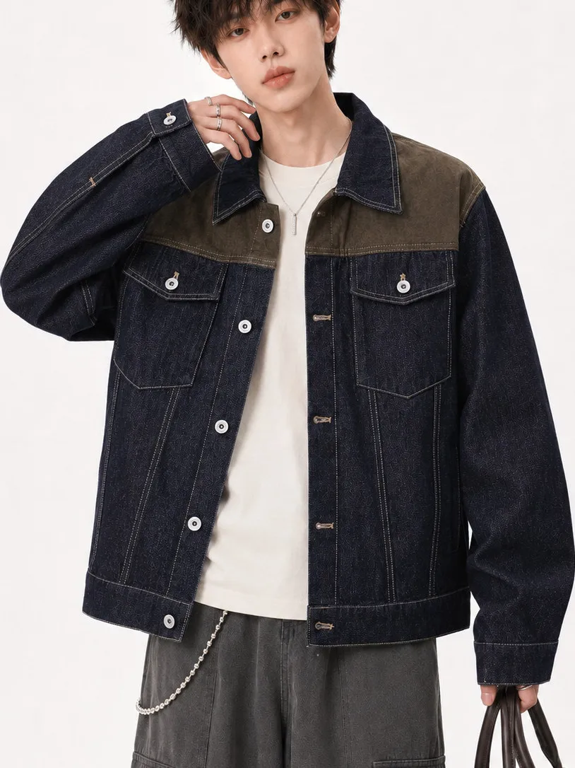 Retro Faux Leather Denim Jacket Men's Loose Casual Short Style Color Block Design Windproof And Durable for Outdoor And Daily...