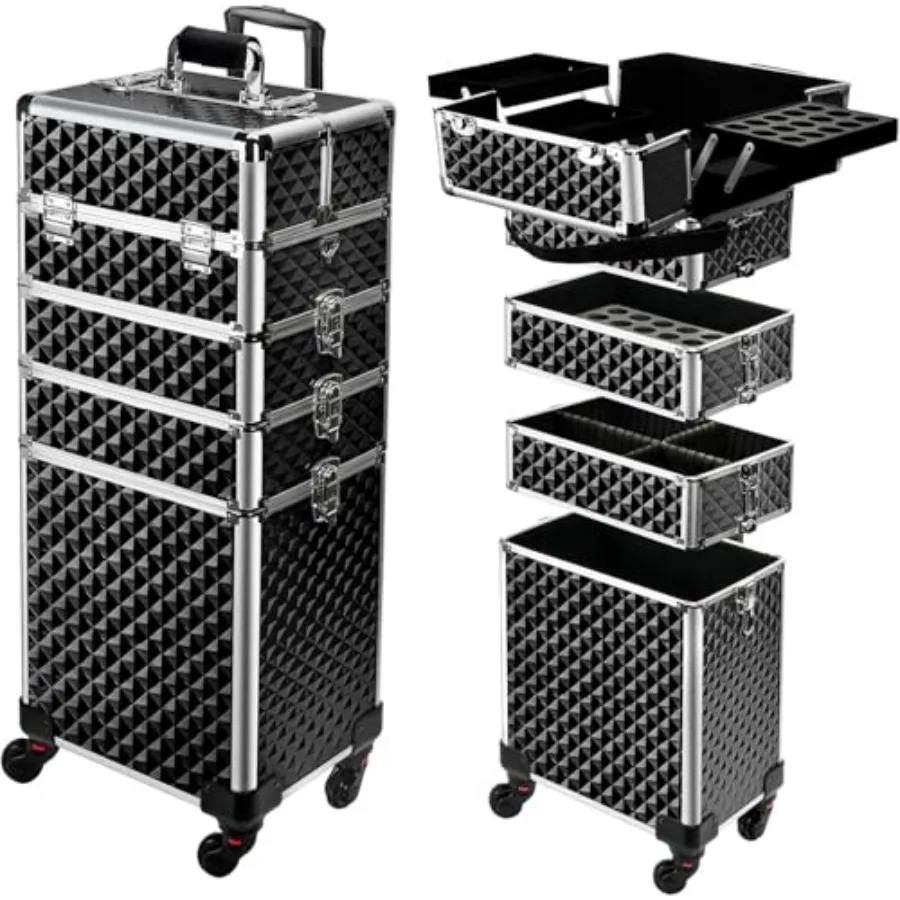 

Профессиональный дорожный кейс для косметики 4-в-1 на колесиках, большой, с ключом, плечевым ремнем и ручкой с подушкой, для макияжа