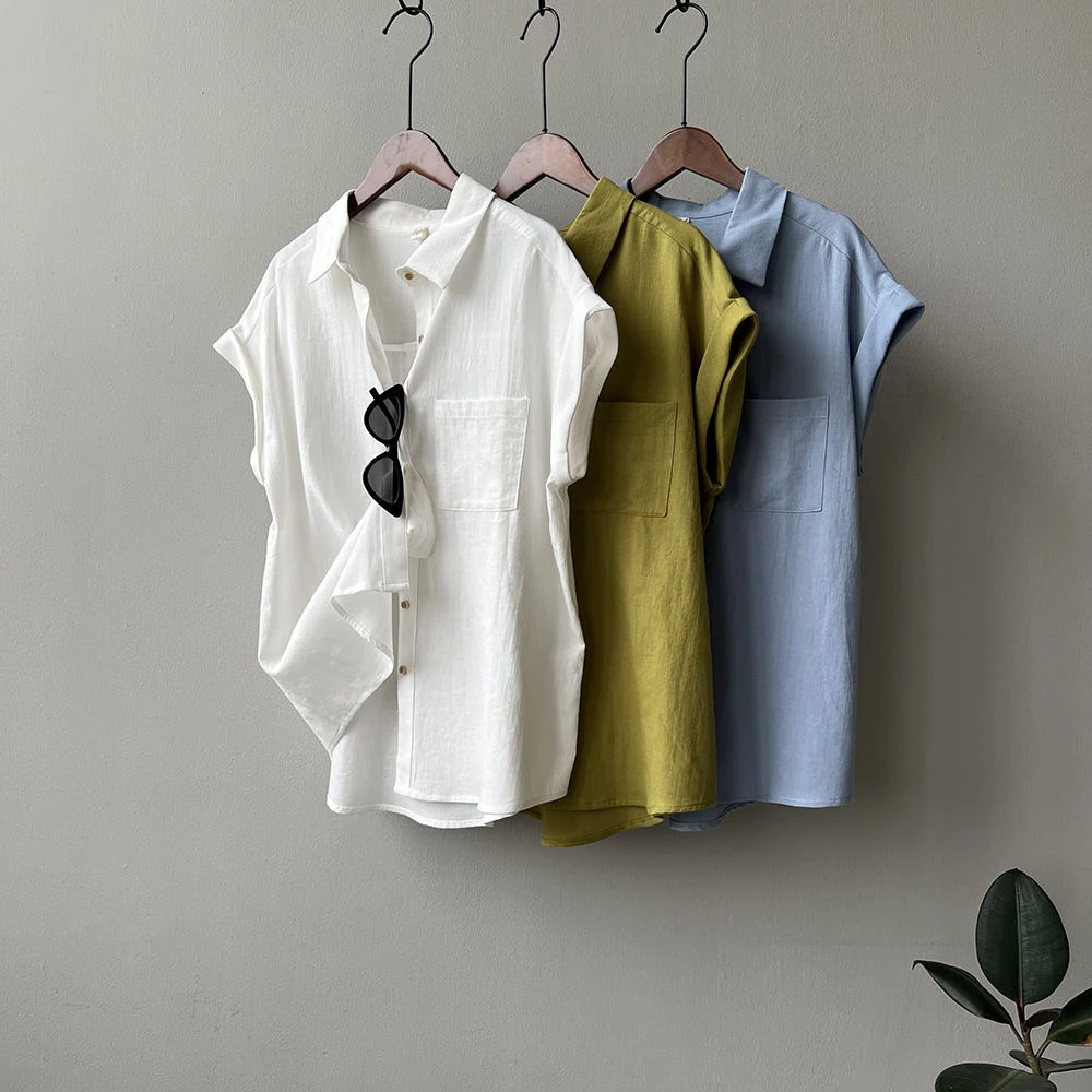 

Летний женский свободный топ из шифона с асимметричным подолом, защитой от УФ-излучения, классическим воротником, однотонный