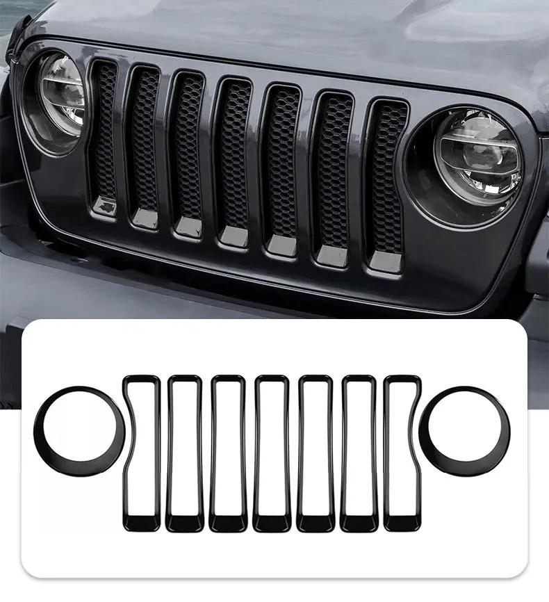 ABS Front Grille Insert Trim & Headlight Bezels Cover Decor Ring Exterior Styling Parts For Jeep Wrangler JL JLU Sport 2018‑2023