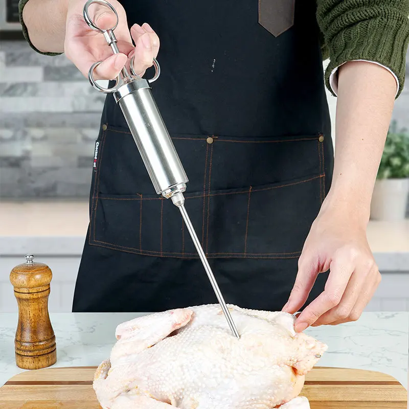 Professional Meat Injector Syringe, Stainless Steel Marinade Injector for BBQ Grill Turkey Roast Beef, Reusable Kitchen Tool