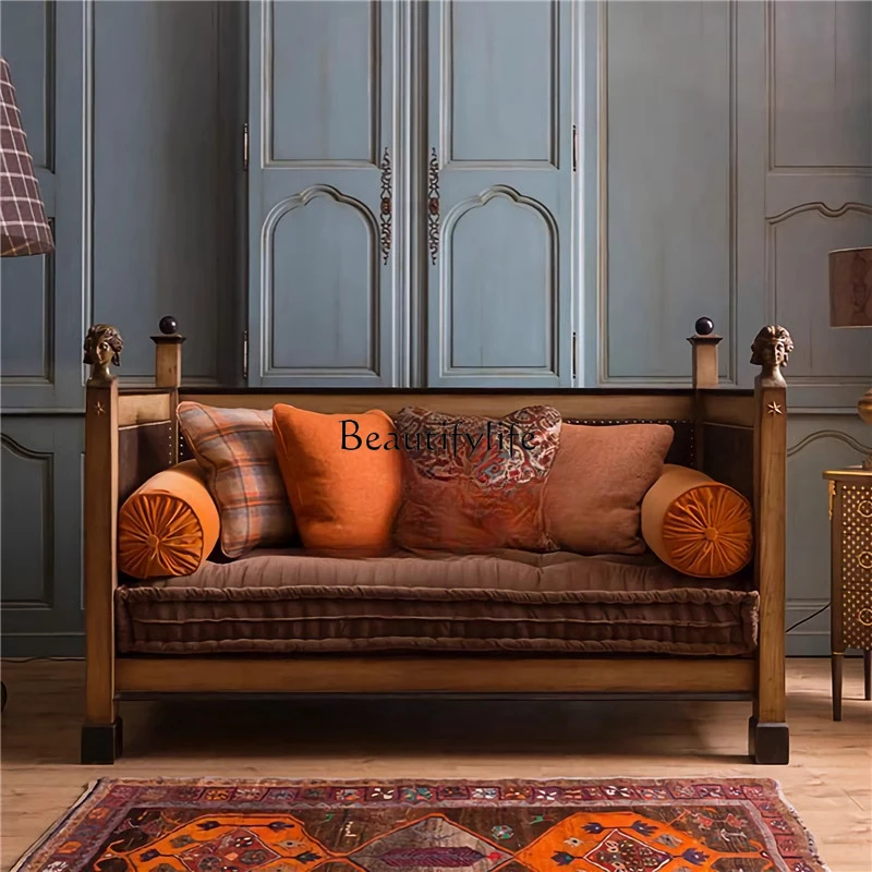

French retro style solid wood double triple sofa European living room bed and breakfast sofa