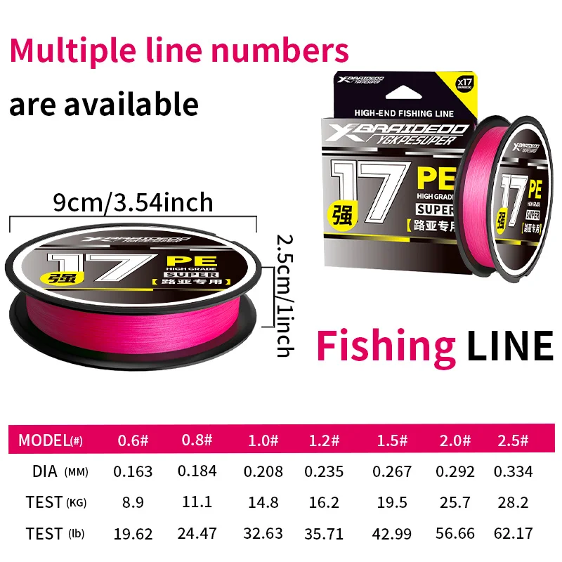 Pink 17-strand PE fishing line,  it features ultra-smoothness, ultra-long casting distance, and super strong performance.