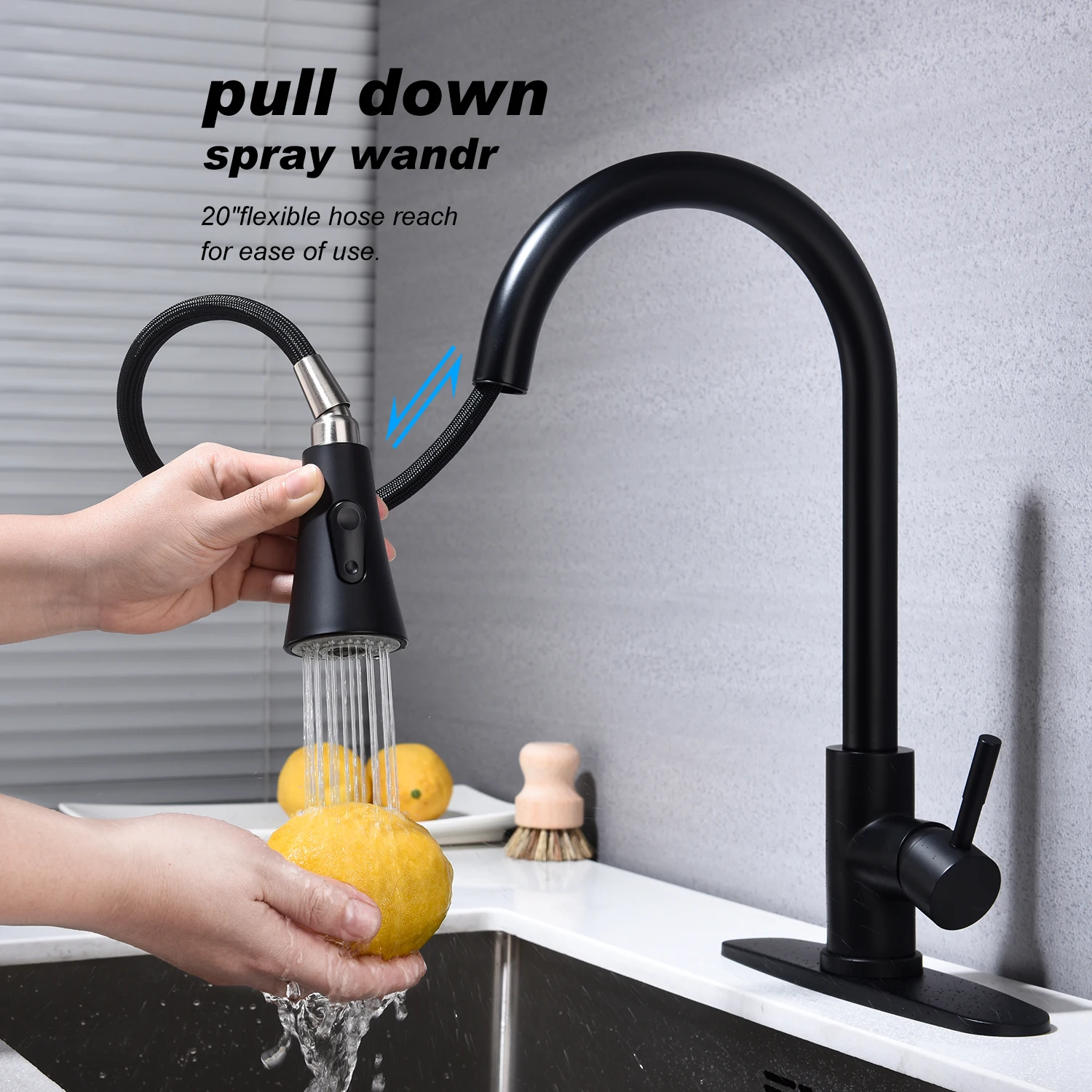 

Modern Matte Black Kitchen Faucet, High Arc Pull-Down Sink Tap with Sprayer and Deck Plate for Kitchen