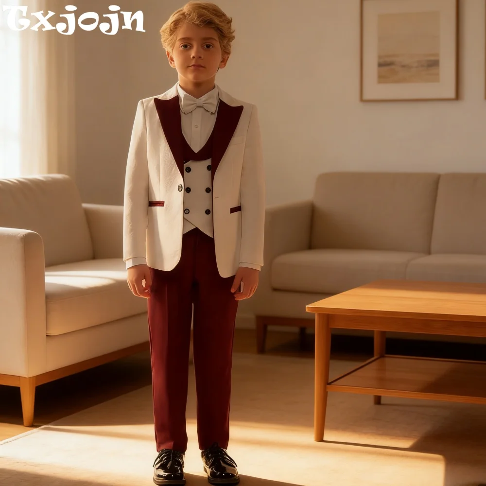 

Жаккардовый винно-красный детский костюм, комплект из 4 предметов, наряд для обручального кольца, элегантный смокинг с длинными рукавами для вечеринок, комплекты для выступлений