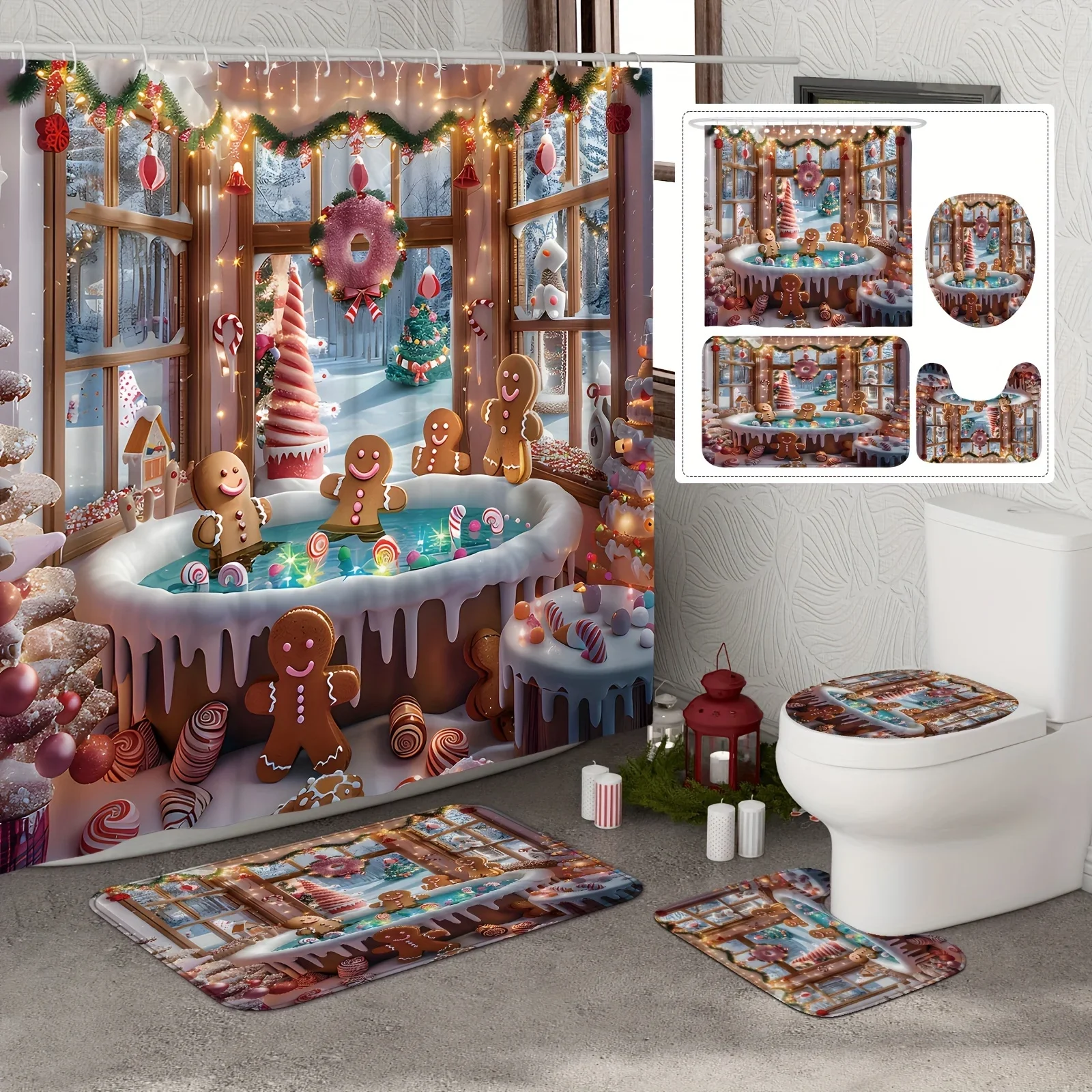 4pcs Gingerbread Bathroom Set - Christmas Shower Curtain, Toilet Cover & Mats, Festive Cookie Decor, Holiday Home Gift
