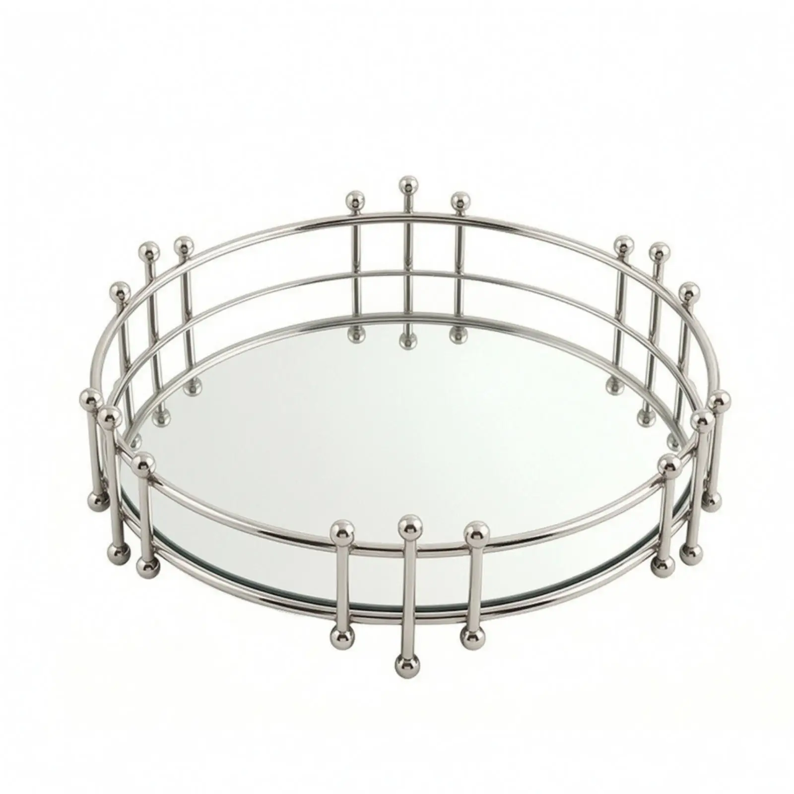 Elegant Silver Mirror Tray for Jewelry Display Vanity Organizer Decorative Wrought Iron Frame with Bead Accents Home Decor