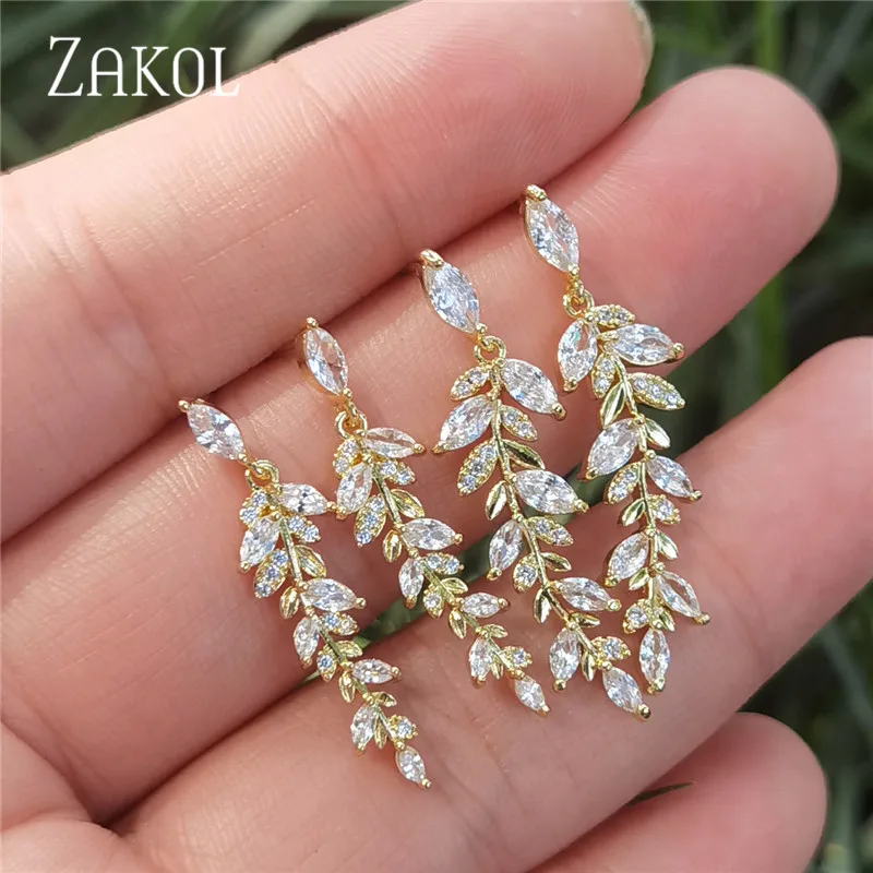 ZAKOL Charm Gold Color Leaf Earrings for Women Exquisite Tiny Zirconia Dangle Earring Elegant Korean Crystal Wedding  Jewelry