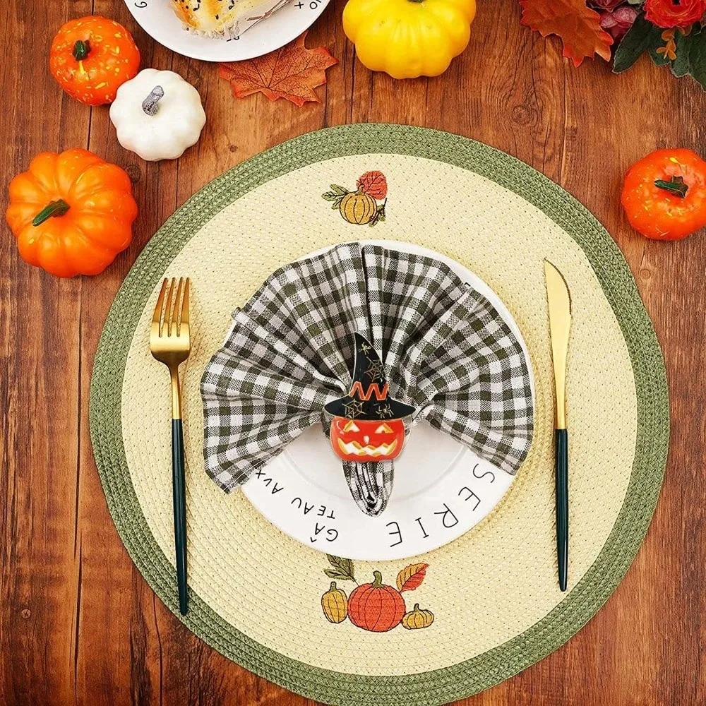 6pcs Enamel Metal Pumpkin Napkin Ring Smooth Edge Vibrant Orange Witch Hat Buckle Waterproof Durable Base Halloween Table Decor