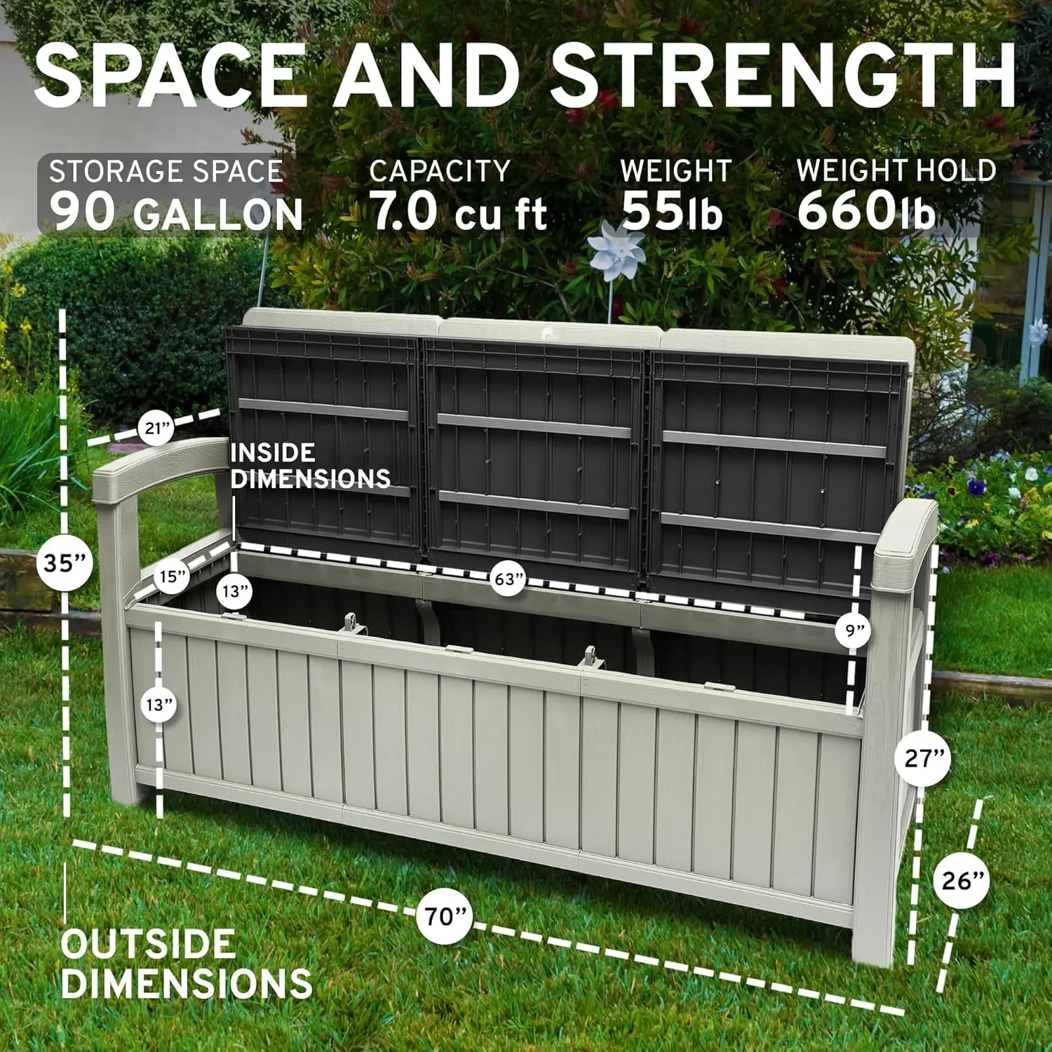 3 Seat Outdoor Storage Bench with Rain Cover - 90 Gallon Capacity - Weatherproof Resin Bench for Patio Porch Garden Yard