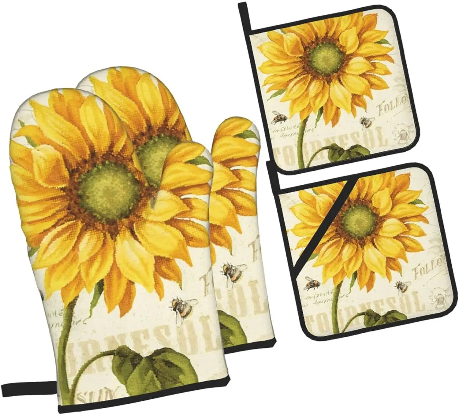 Sunflowers Oven Mitts and Pot Holders 4 Pcs Sets Heat Resistant Gloves for Kitchen BBQ Cooking Baking Grilling