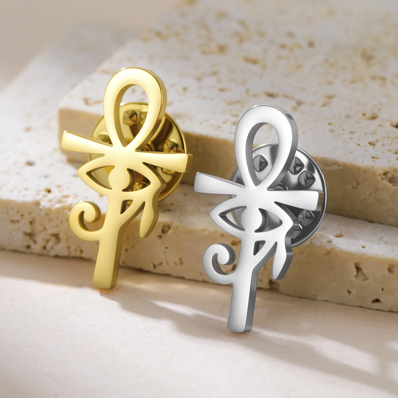 Teamer مصر عين را عنخ الصليب بروش المرأة رجل الفولاذ المقاوم للصدأ الذهب اللون شارة المصرية حماية Wedjat العين مجوهرات هدية