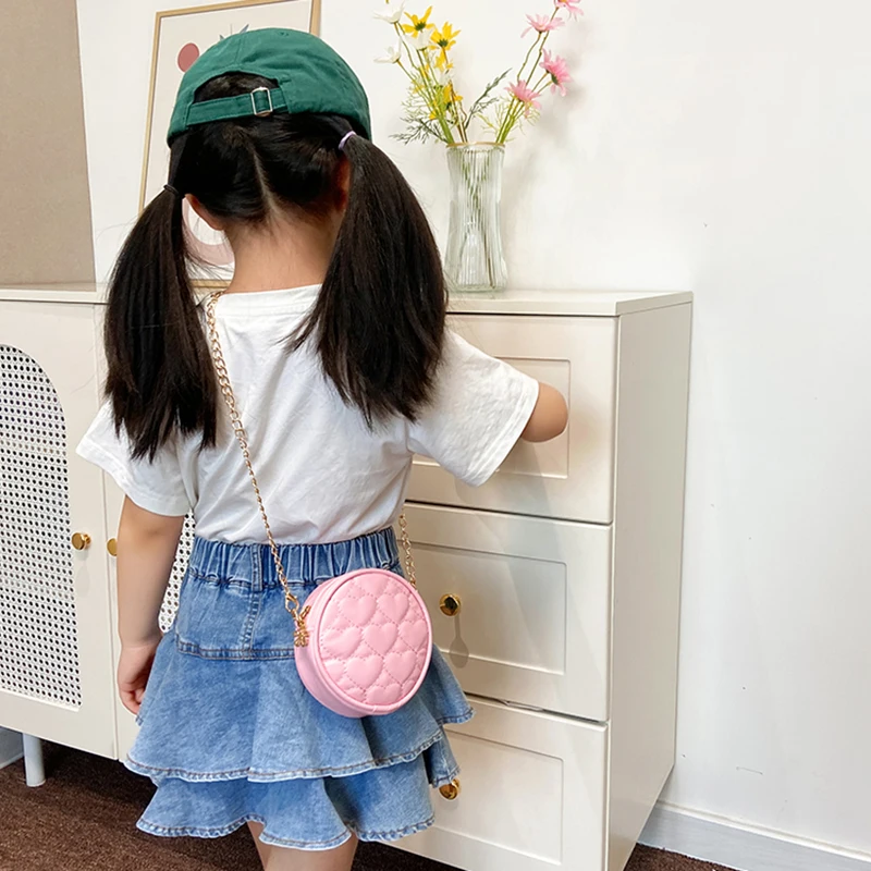 Korean Children Pink PU Leather Shoulder Bag Baby Girls Mini Round Coin Purse Handbags Princess Chain Crossbody Bags Kids