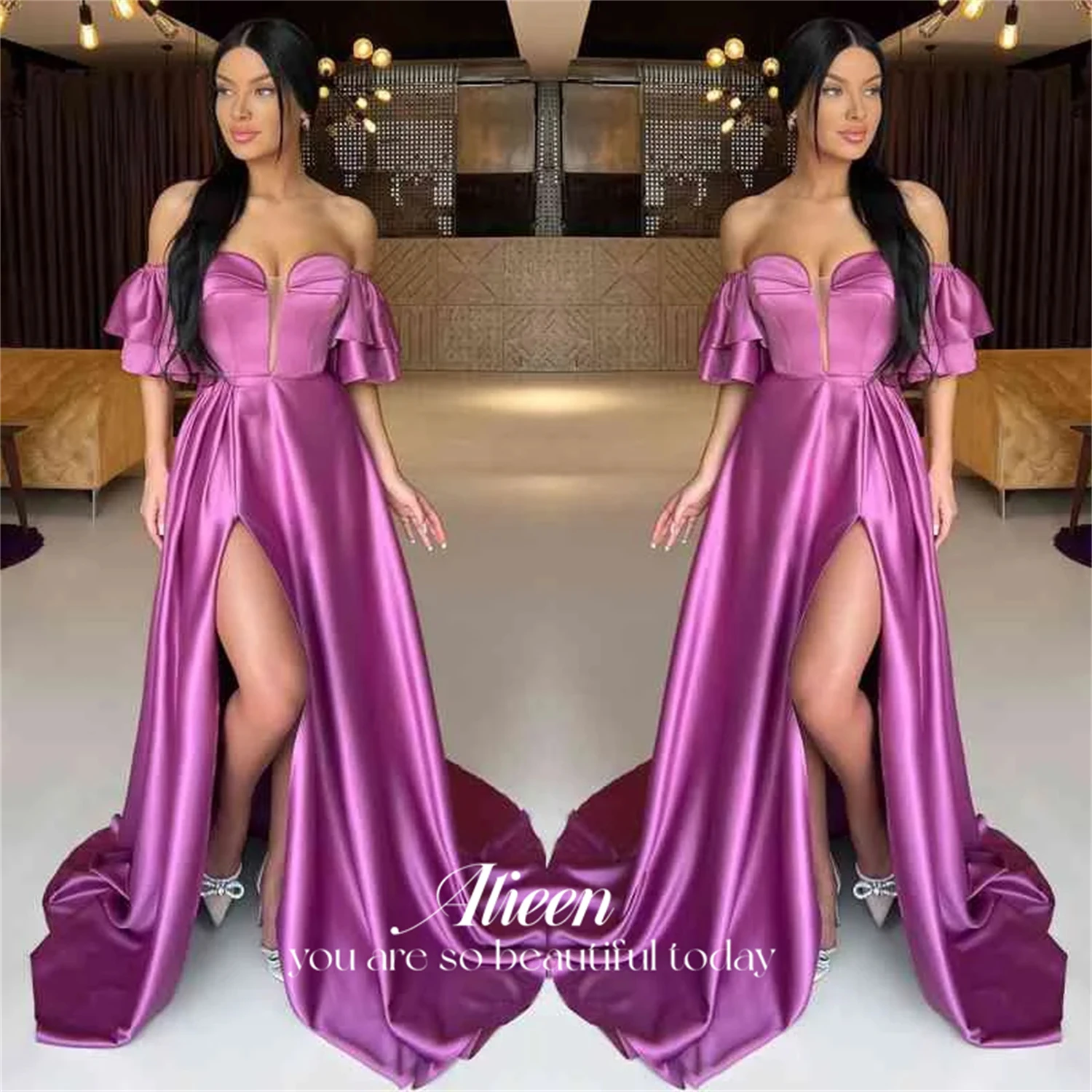 

Aileen Purple Guest Wedding Party Dress Women Elegant Luxury Graduation Dresses for Prom Line A Puff Sleeves Satin Ball Gowns