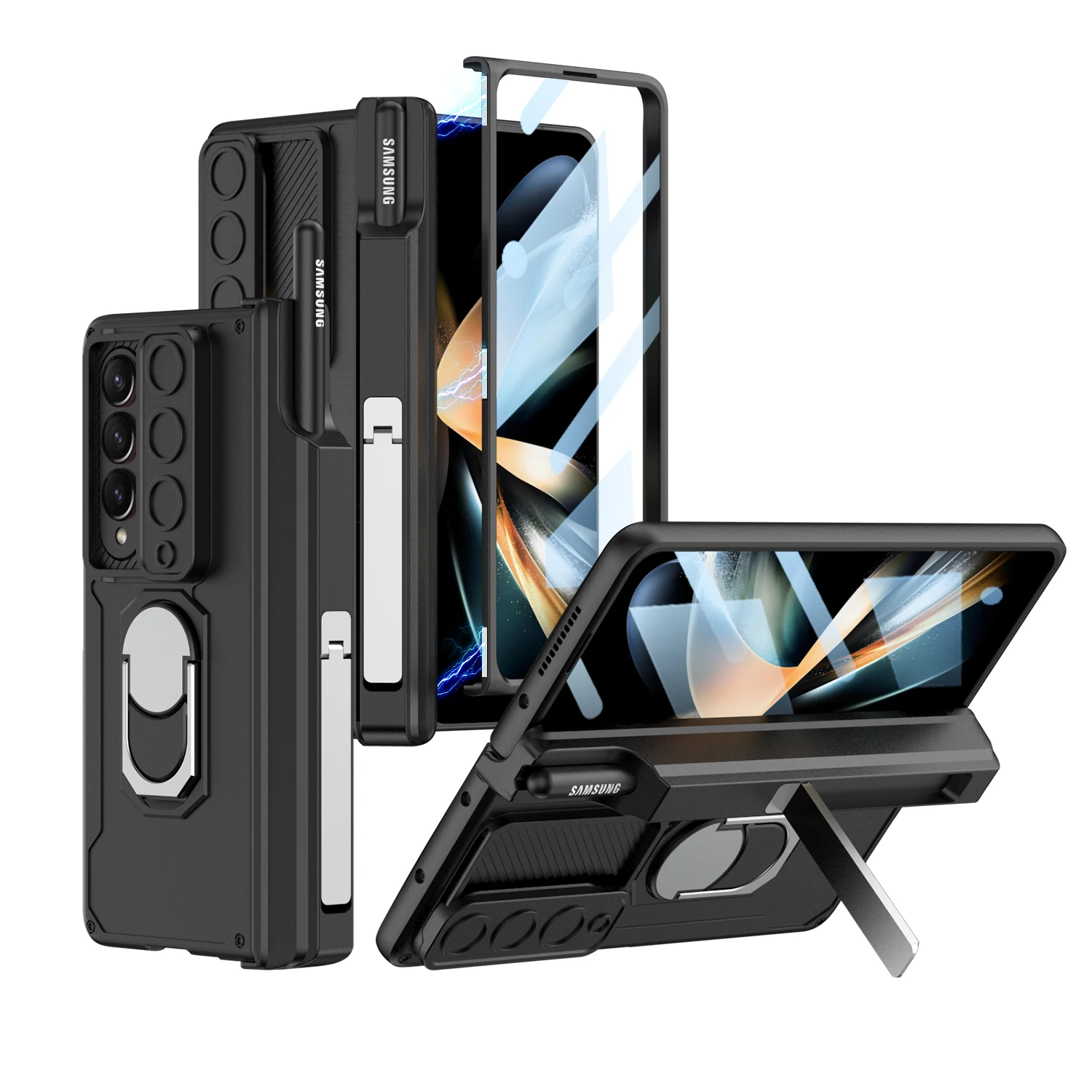 With S Pen Magnetic Armor Case For Samsung Galaxy Z Fold 4 5 3 2 Car Holder Ring Slide Camera 360 Full Protector Kickstand Cover