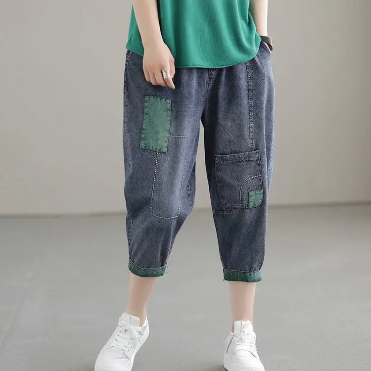 

Women Patch Pocket Jeans Fashion High Waist Knee-Length Trousers Summer Female Retro Loose Korean Splicing Harem Pant U247