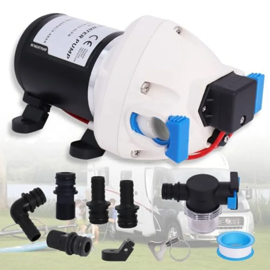

RV water pump for RVs, boats, yachts, caravans: white triplex diaphragm, 3.0 GPM, 50-PSI, 12V DC, self-priming with strainer an