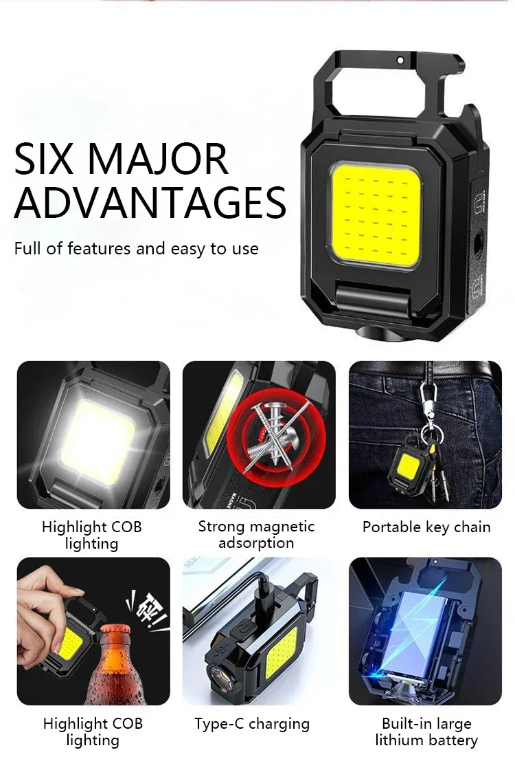 Mini LED Flashlight Keychain Light Double COB Lights USB Rechargeable Work Lights Fishing Lanterna with Magnet Built-in 800mah