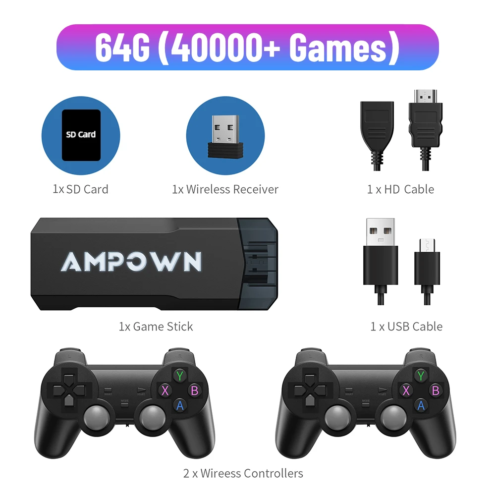 GD20 Game Stick X2 Video Game Console 70KGames Emuelec4.3 CPU Aigame 905M Wireless Controller 4K HD Retro Games for PS1 N64