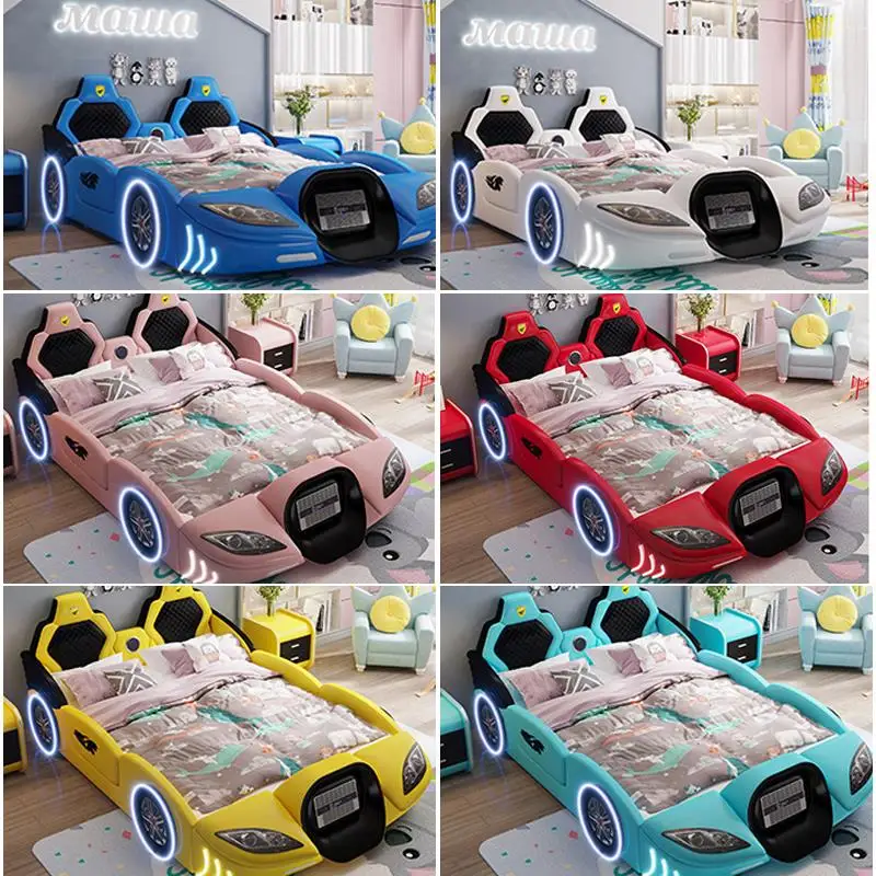 Cama infantil de madeira maciça multicolorida com guardrail, mobília de quarto fofa, em forma de carro, cama infantil linda para meninos e meninas