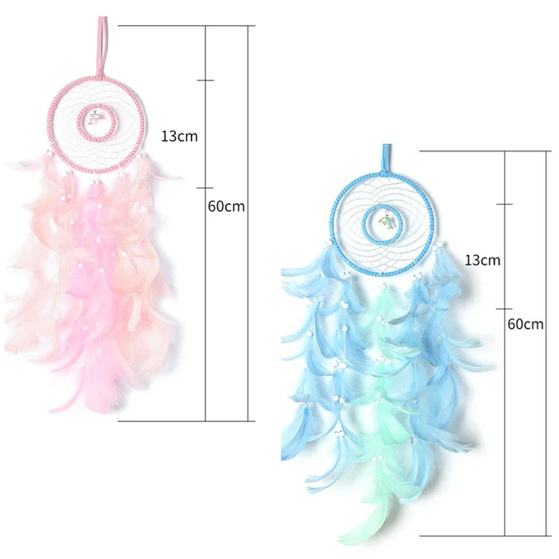 1Pcs Marine Series Dolphin Wind Chime Bedroom Wall Pendant Pink Feather Beads Dream Catcher Home Creative Decoration