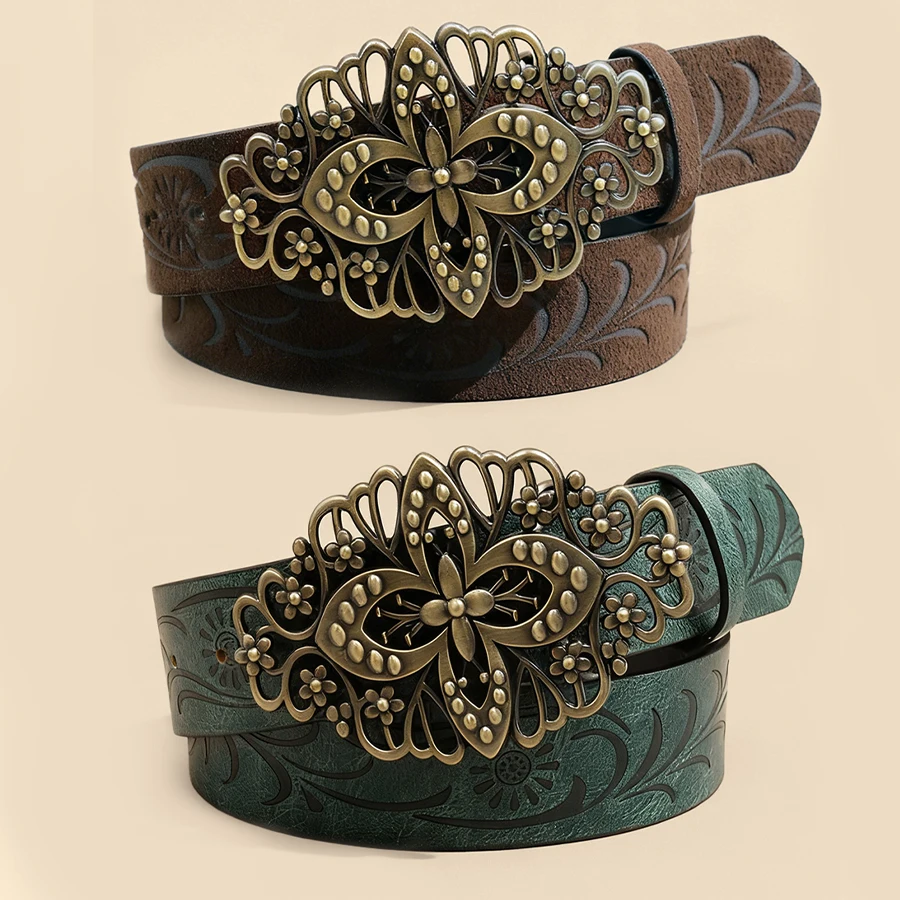 Vintage Carved Metal Buckle Belt Unisex Retro Brass Buckle Embossed Pattern Waistband European Ethnic Style Accessory - view 2
