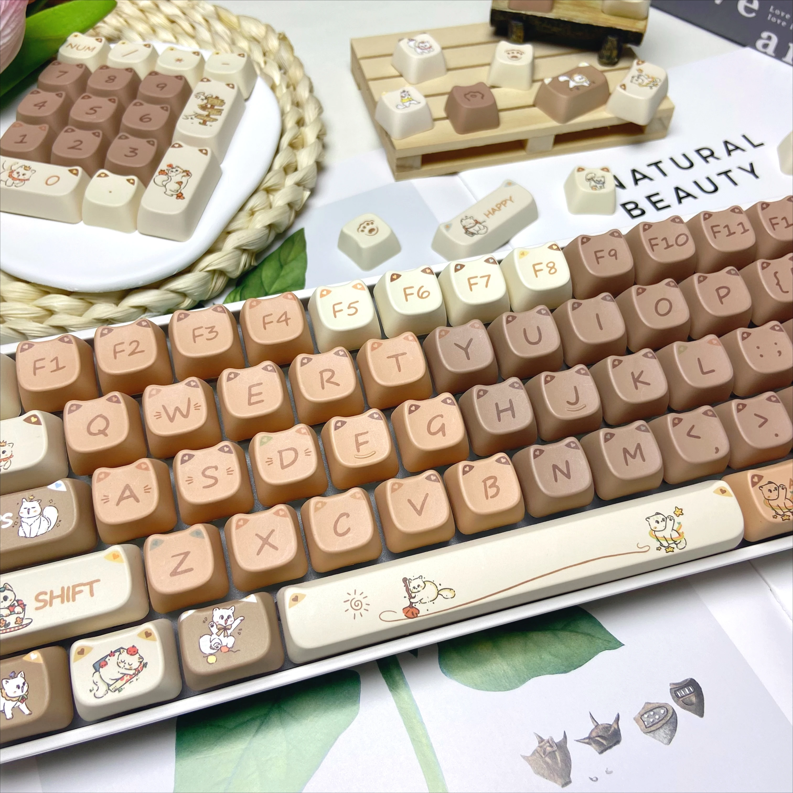 Naughty Cat Tastenkappen, braun, niedliche Tastenkappen, individuell für mechanische Tastatur, MAO-Profil, Ersatzkappe für Tastatur, DIY 68, 75, 108,